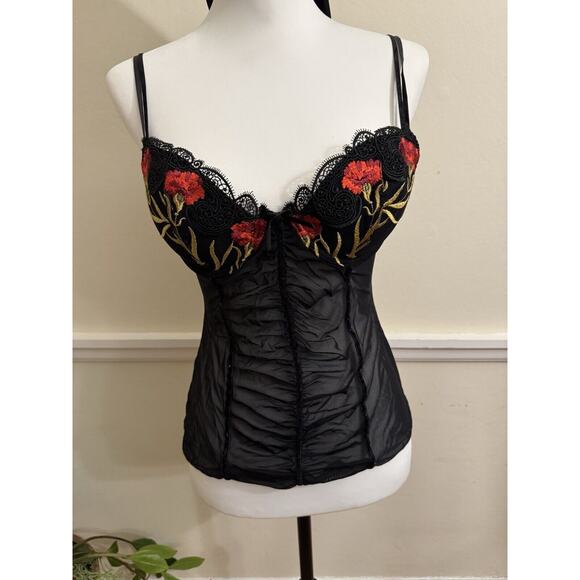 Vintage Felina Lingerie 36C RED Flower Embroidered Corset Mesh‎ Bustier Top L - Picture 1 of 10